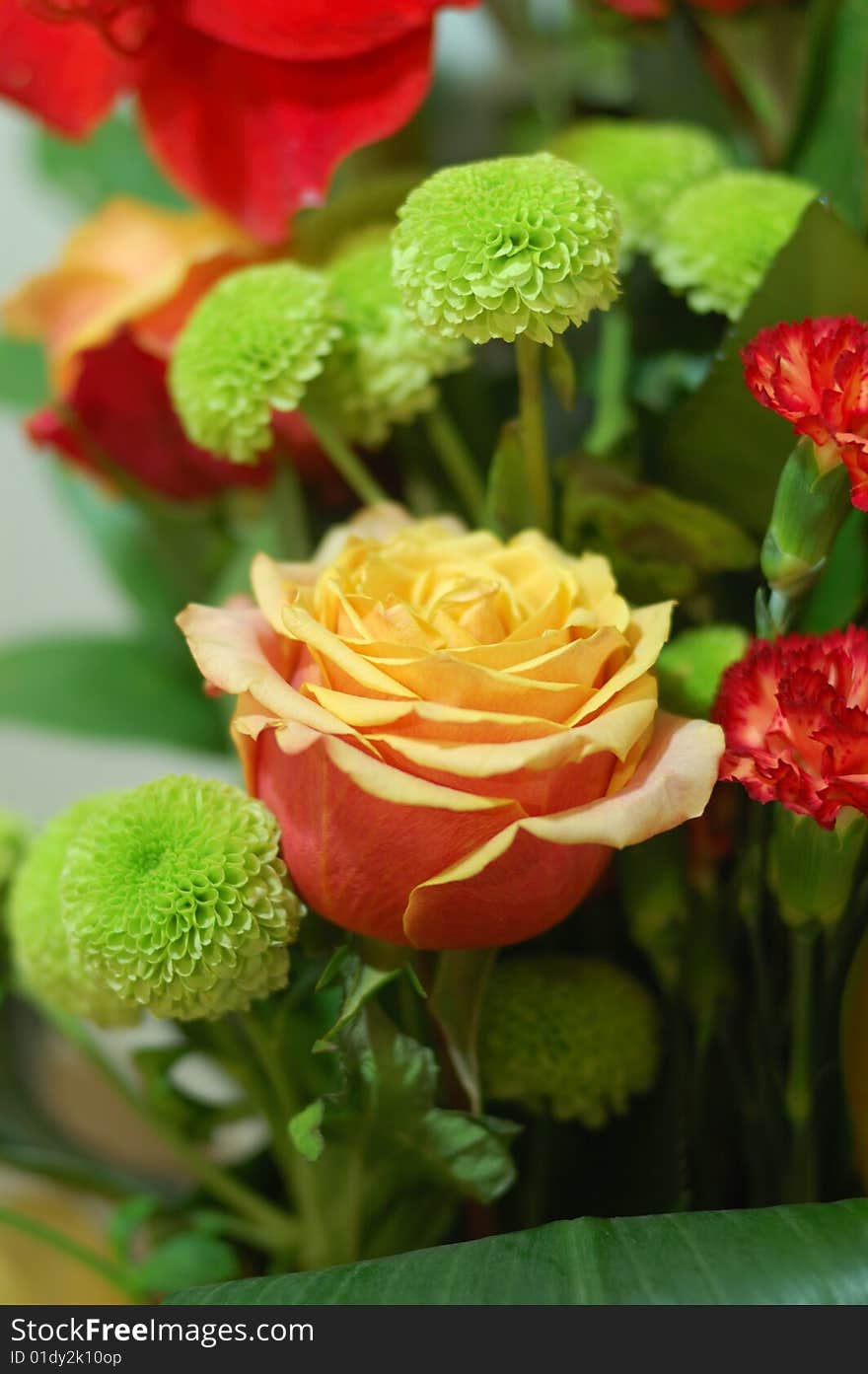 Colourfull Bouquet With Yellow-pink Rose On Focus