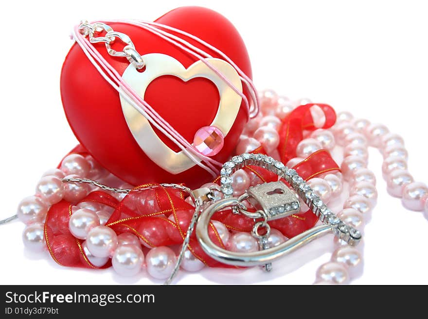 Valentine hearts,ribbon,pink pearls on white background.