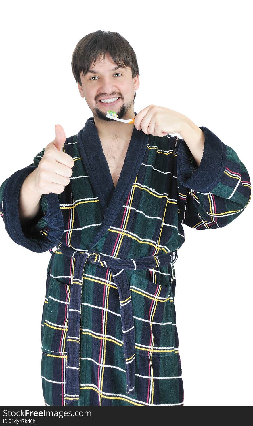 Happy man with toothbrush on isolated background