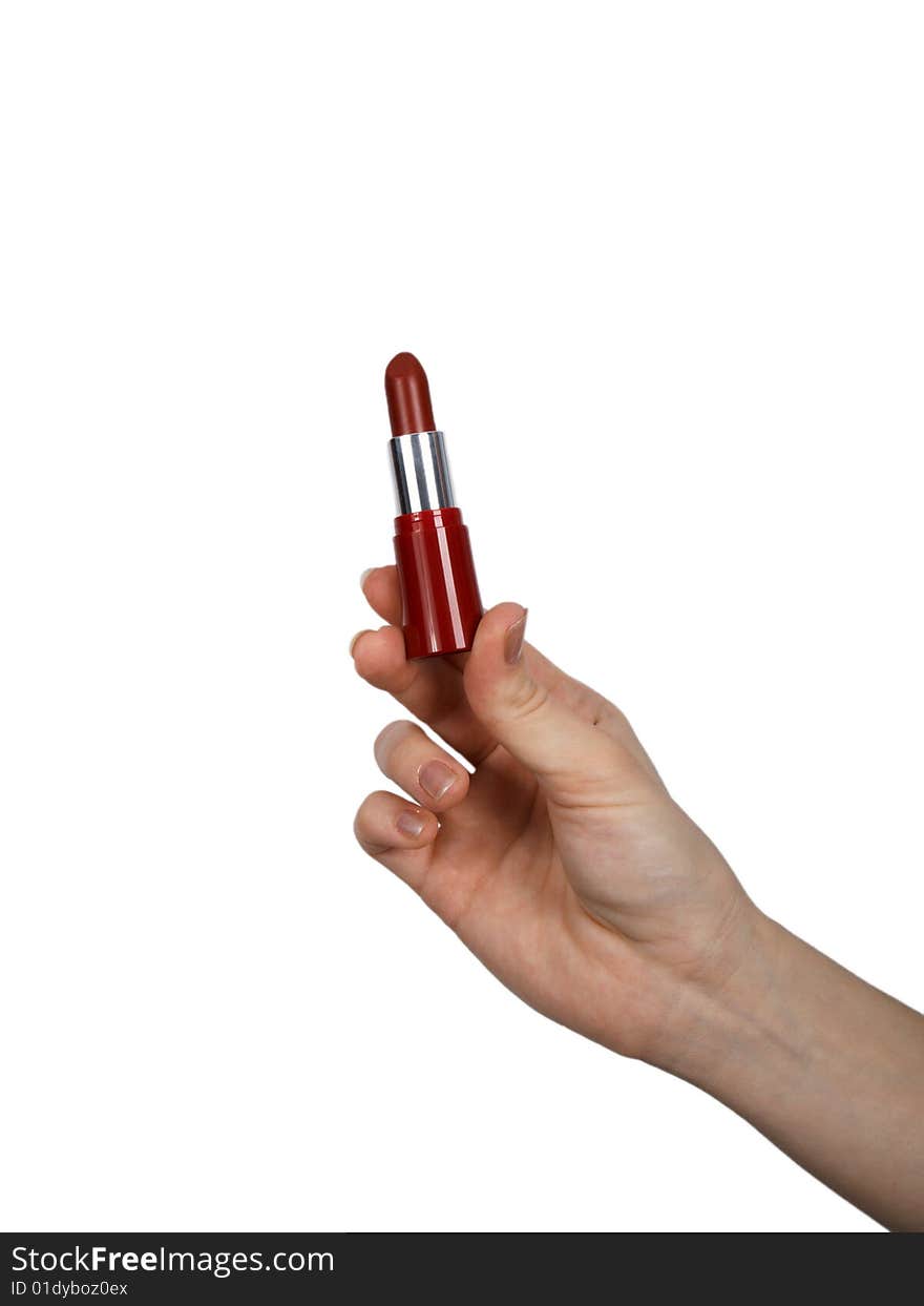 Hand with lipstick on the isolated