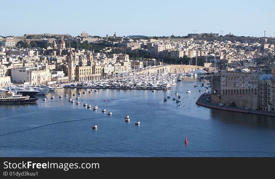 A harbour as seen from Valletta, Malta.