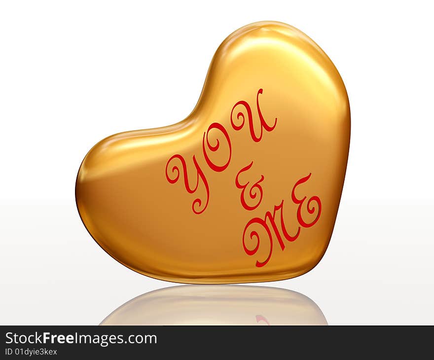 3d golden heart, red letters, text - you & me, isolated. 3d golden heart, red letters, text - you & me, isolated