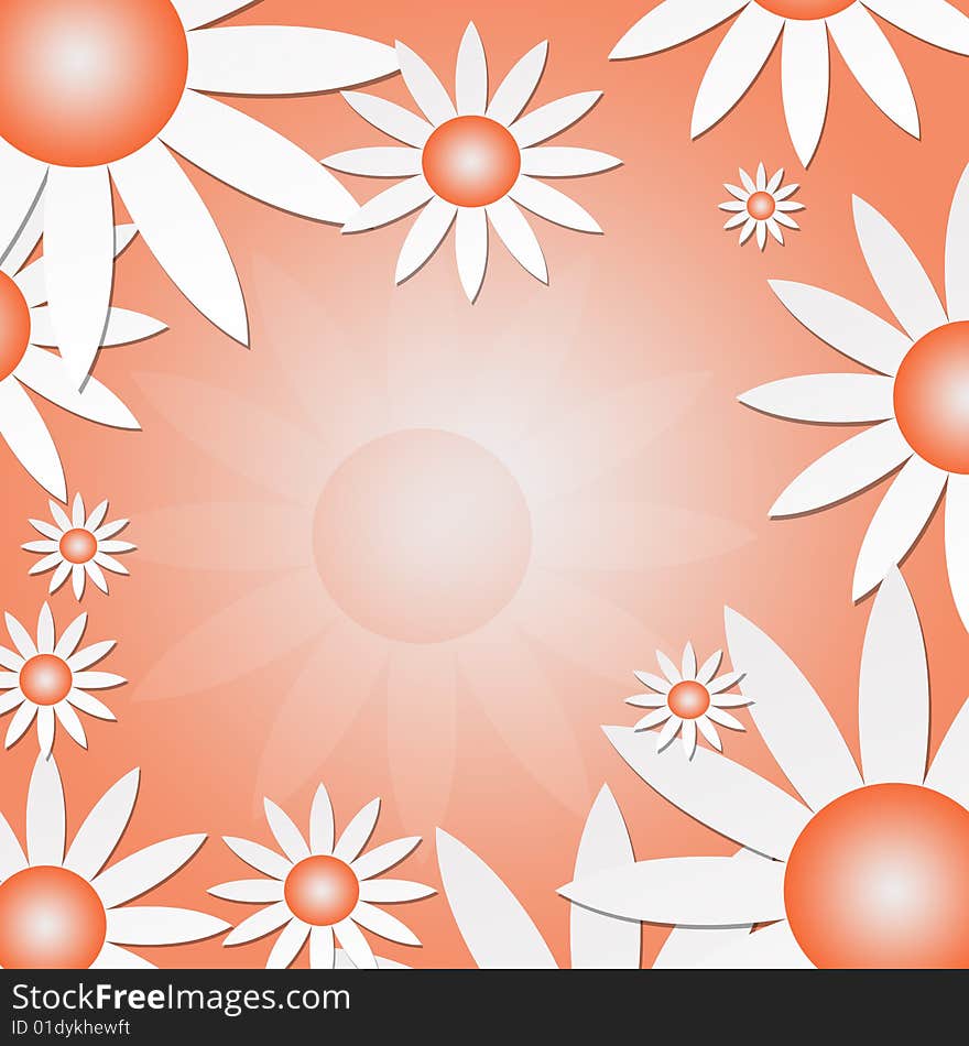 An orange background, template or texture of white daisies. An orange background, template or texture of white daisies