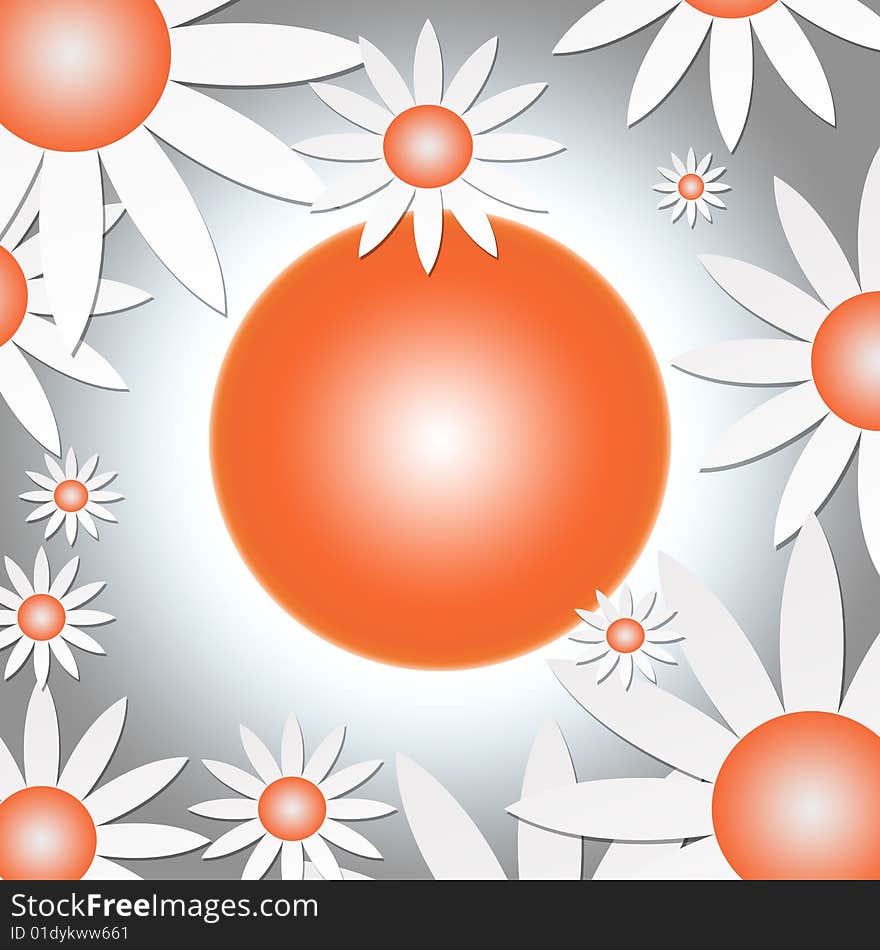 A grey background, template or texture of white daisies and a sun. A grey background, template or texture of white daisies and a sun