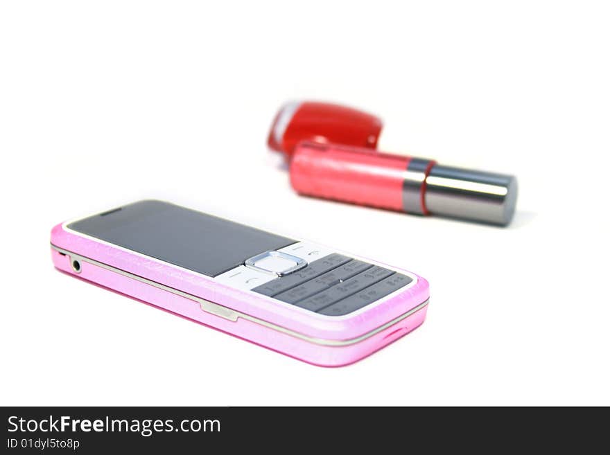 Womanish  mobile phone and  lipstick and  nail polish