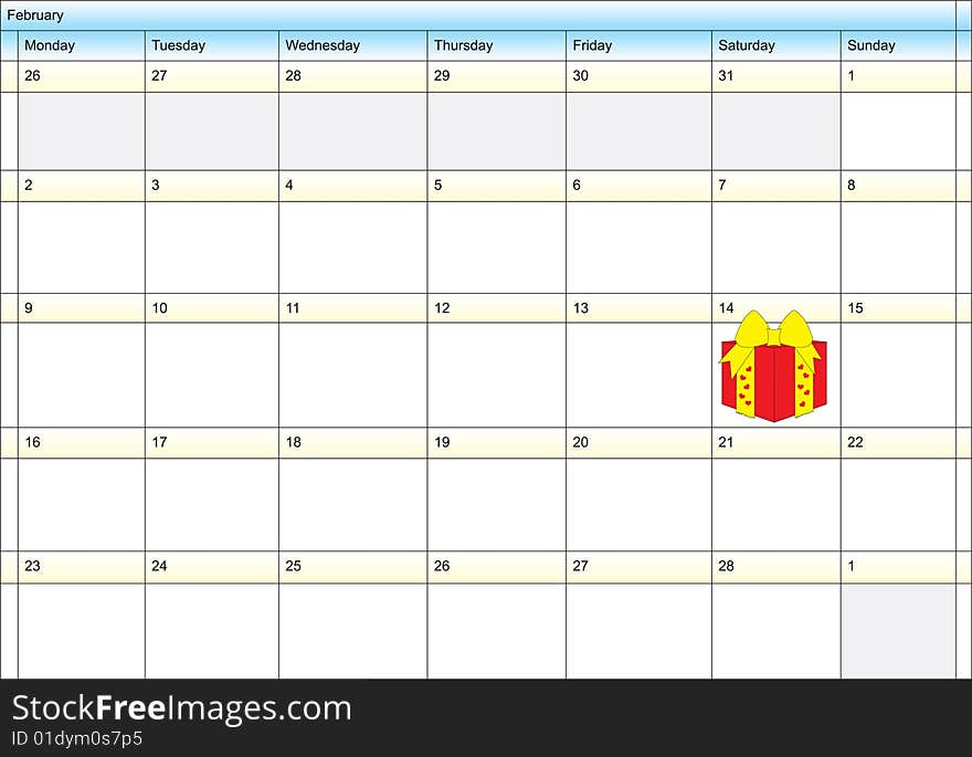 Calendar showing valentine day