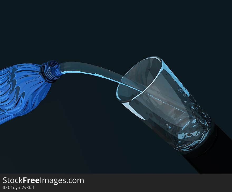 Bottle, water and glass on black background