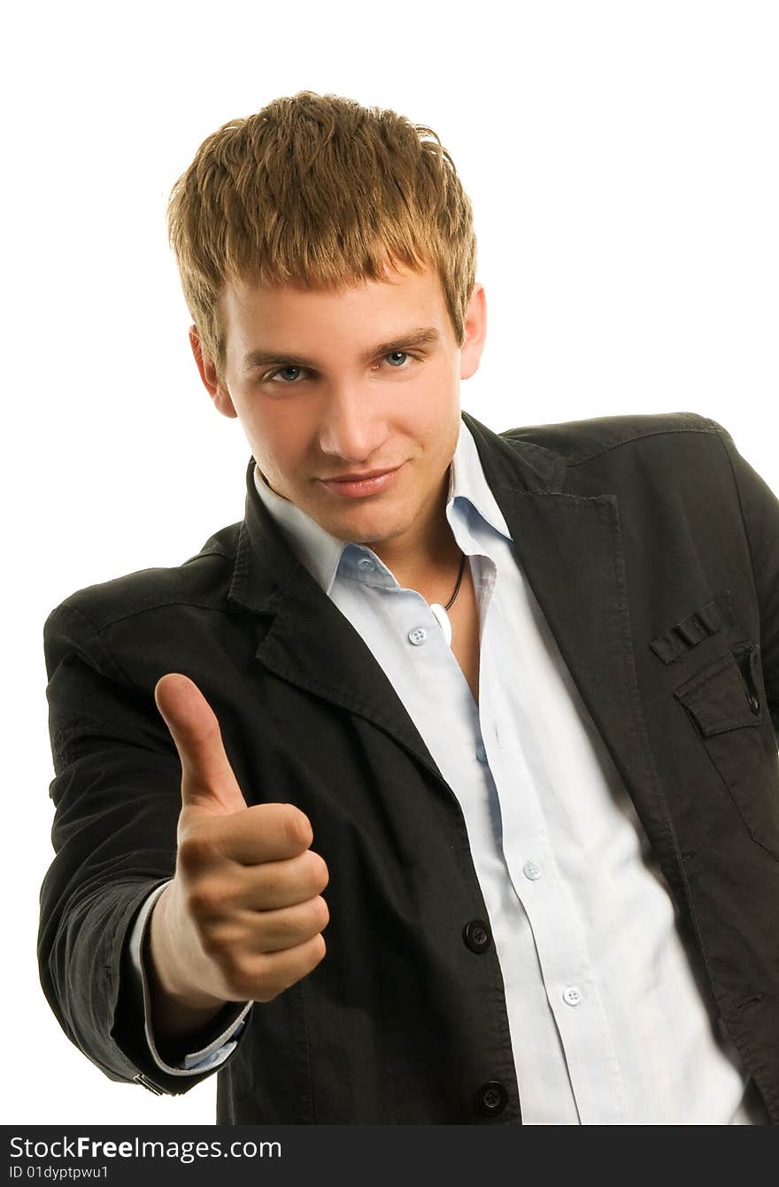 Handsome young man showing ok gesture. Isolated on white background