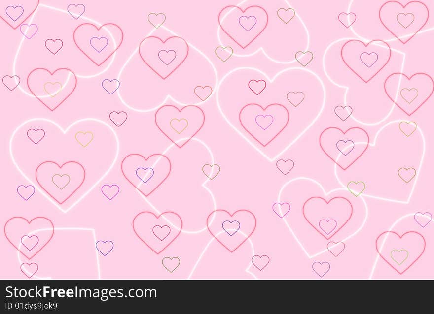 Painted multicolored hearts to gentle background texture