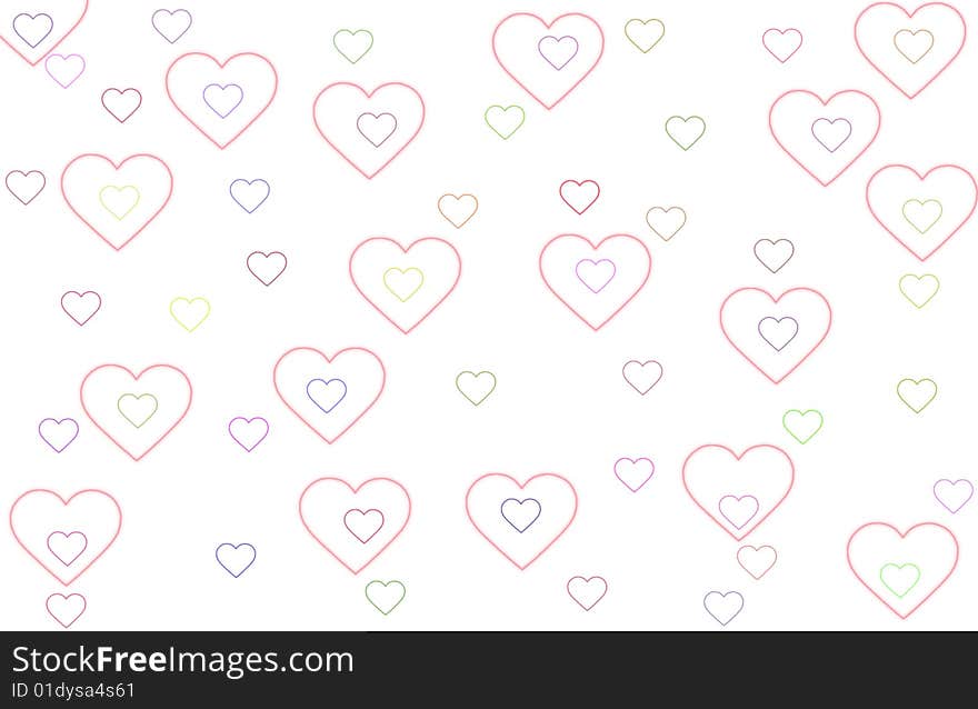 Painted multicolored hearts to gentle background texture