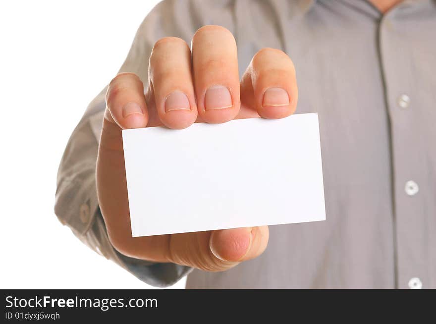 Business man holding visiting card with space for text