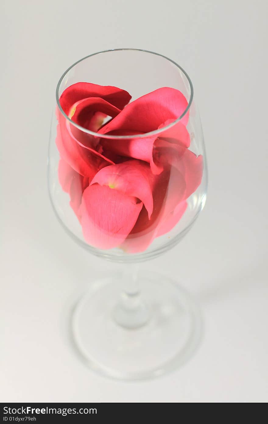 Valentines wine glass filled with rose petals