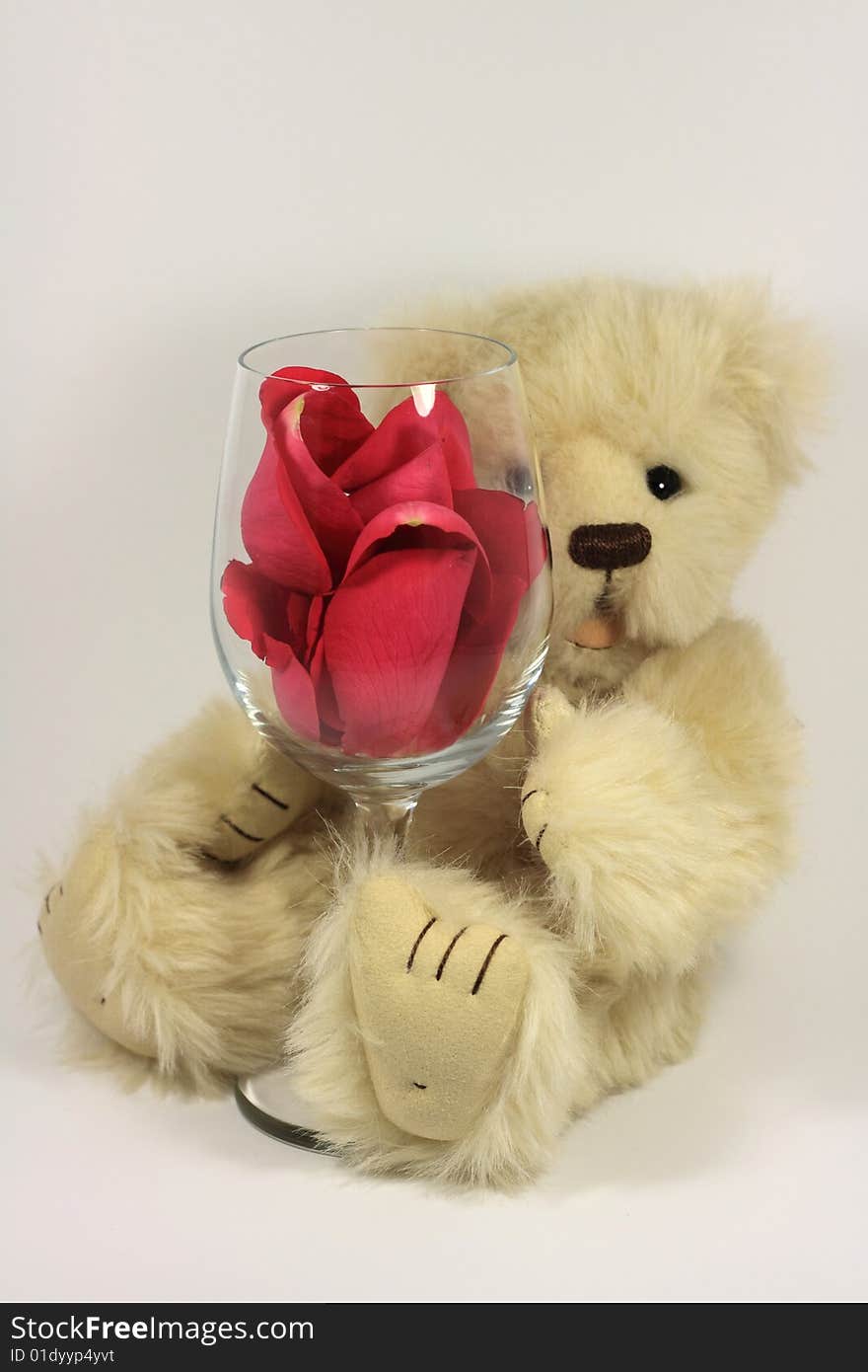 Tebby bear holding onto a wine glass filled with rose petals. Tebby bear holding onto a wine glass filled with rose petals