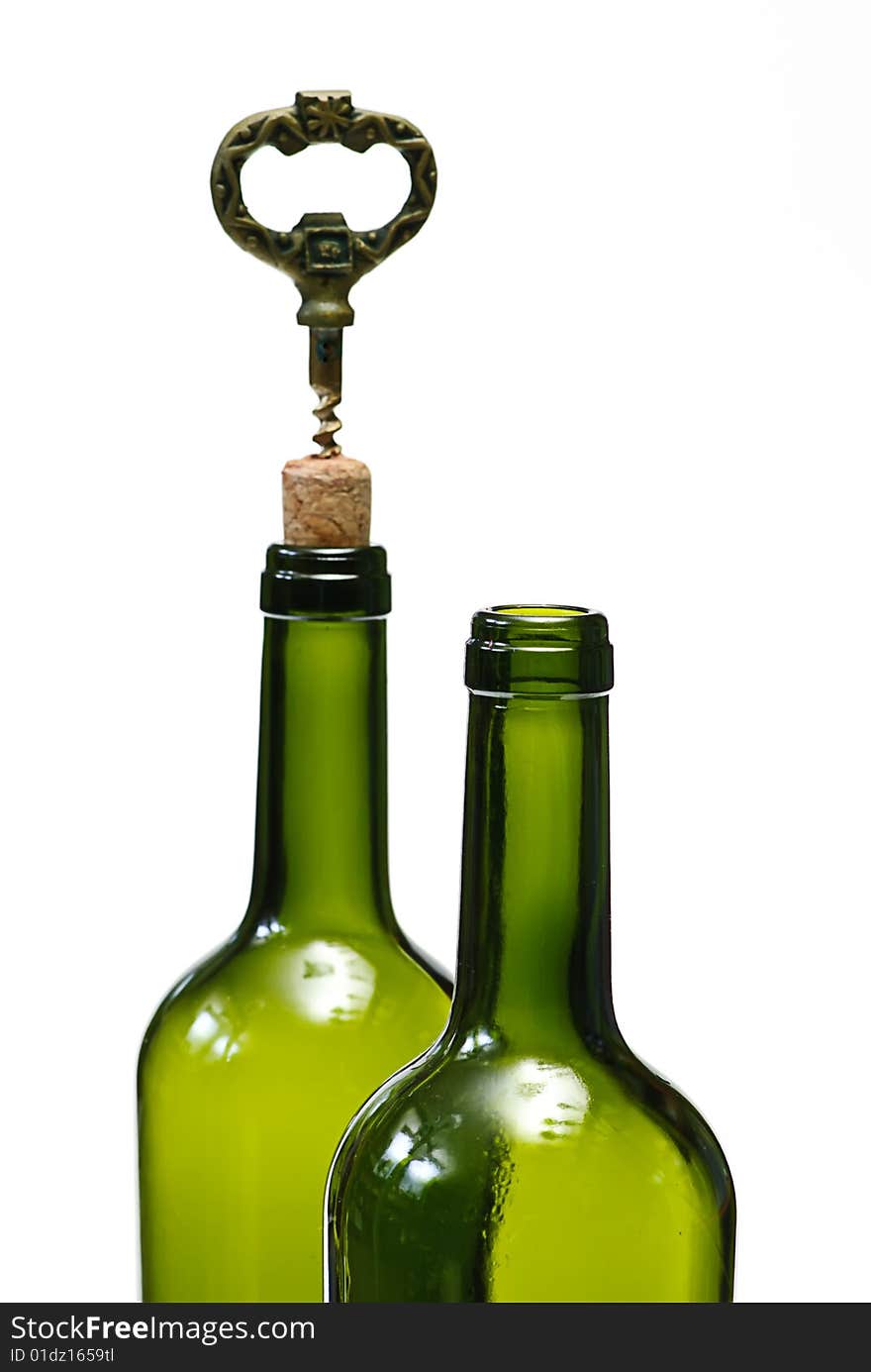 Corkscrew and two bottle on white. Corkscrew and two bottle on white