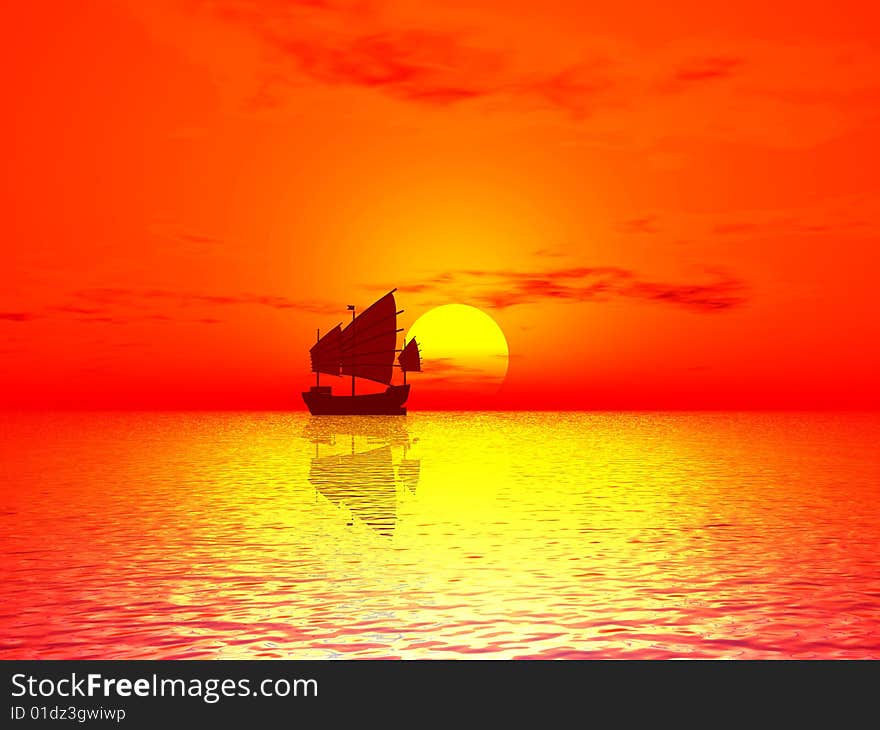 Red Sunset & boat in the sky