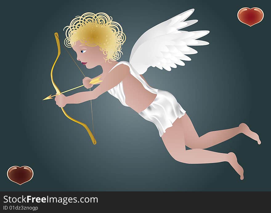 Flying cupid with a bow, the dark blue background, with small heart in the corners of the image; vector illustration