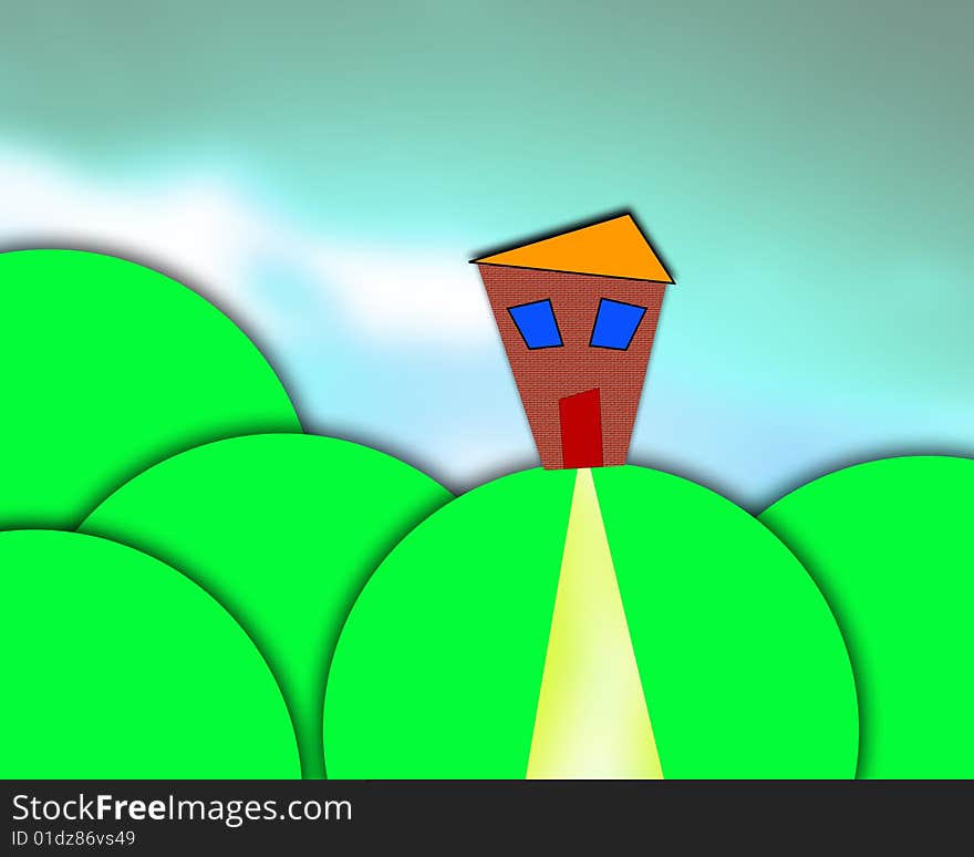 A cartoon scene of a house on a hill. A cartoon scene of a house on a hill.