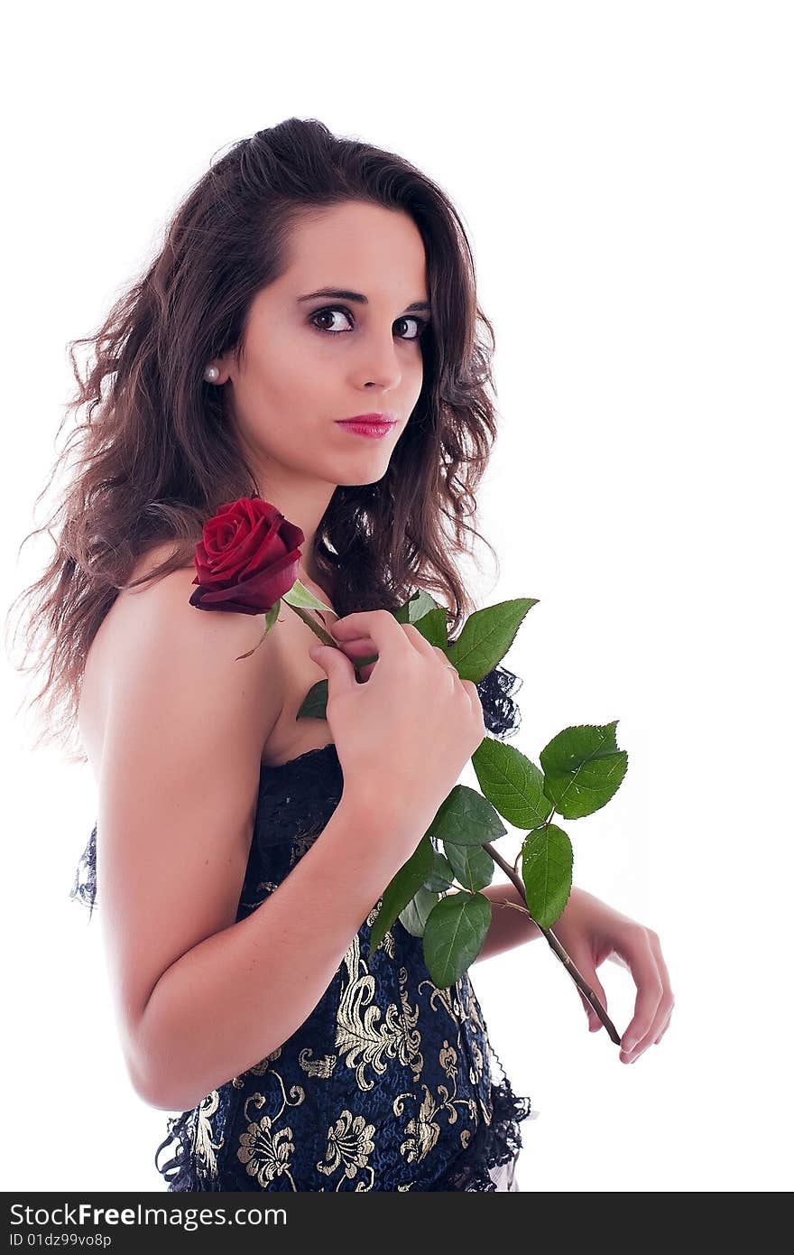 Elegant woman with rose on hand