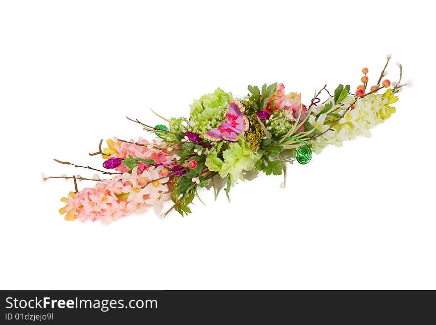 Photo of bouquet of artificial flowers isolated on white background