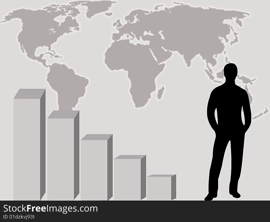 World map, graphic and businessman to represent business concept