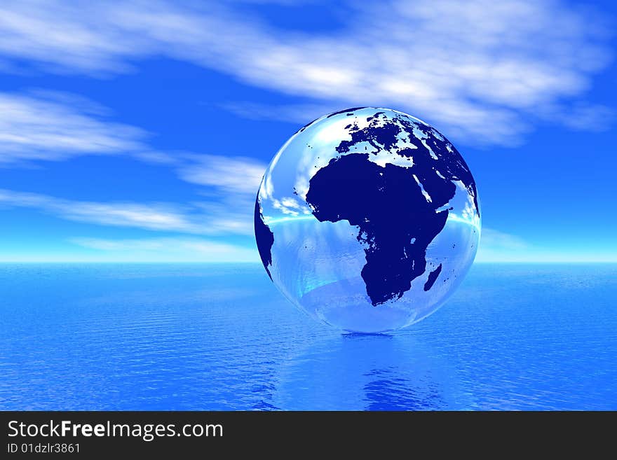 Globe in the blue ocean. Globe in the blue ocean