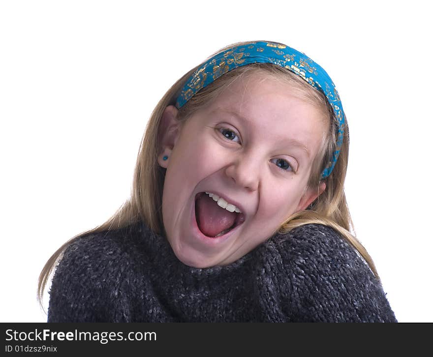 Ecstatic girl in gray sweater on a white background. Ecstatic girl in gray sweater on a white background