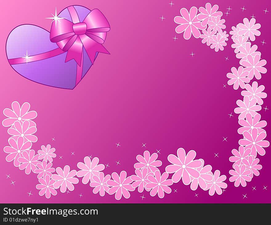 Pink Valentine background with a wrapped purple heart, sparks and flowers. Pink Valentine background with a wrapped purple heart, sparks and flowers