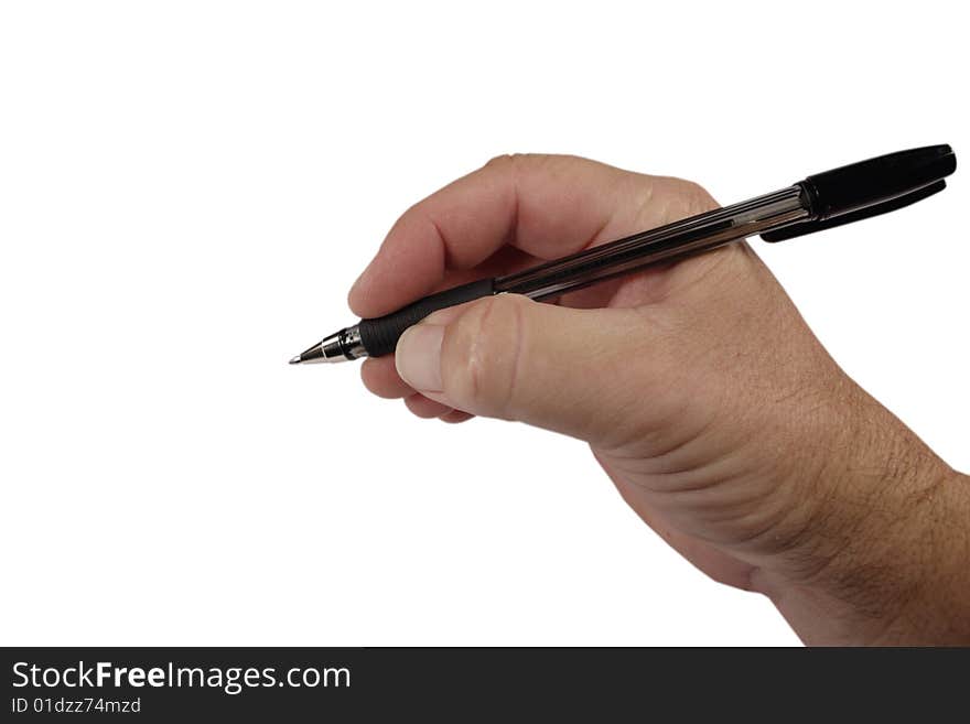 Hand with pen on white background. black pen, man's hand