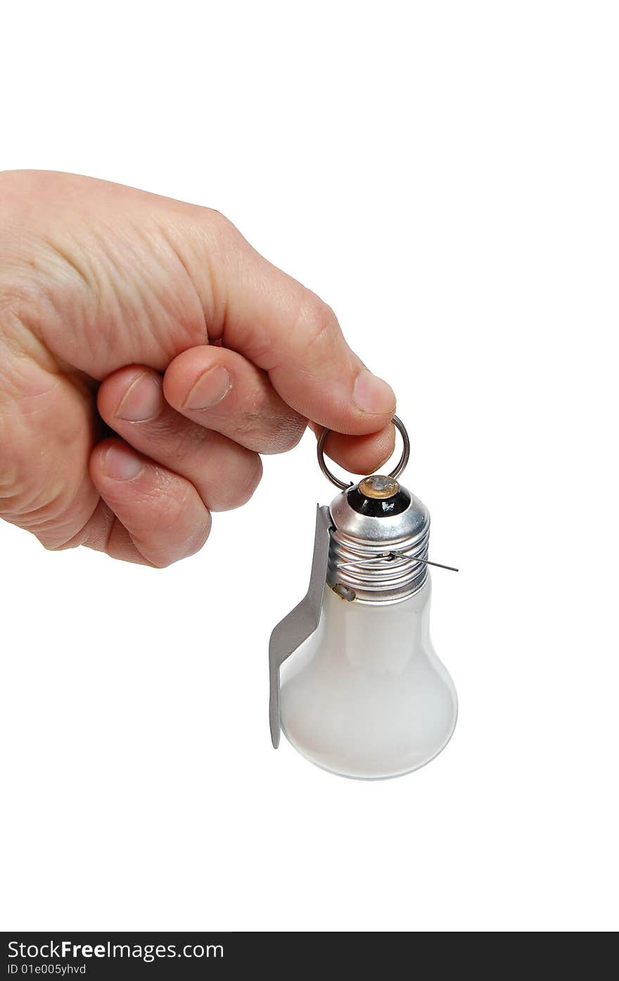 Hand lamp - grenade in a man's hand. Isolated on white.