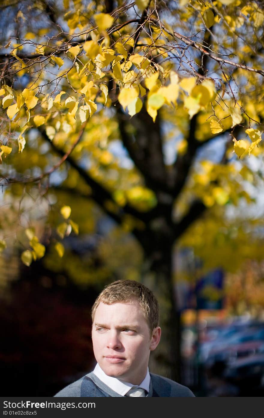 A man is standing underneath a tree looking concerned as he looks away in the fall season. A man is standing underneath a tree looking concerned as he looks away in the fall season