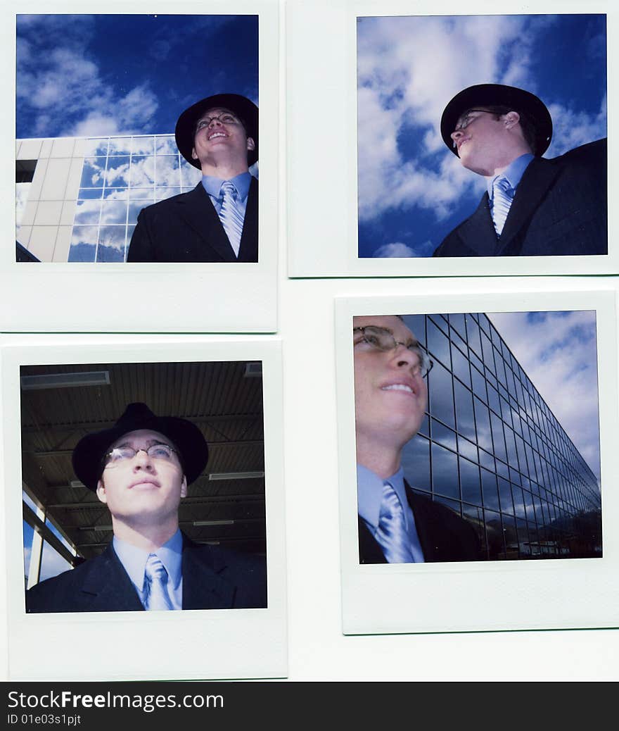 Many pictures of a business man and business building put together with a young businessman wearing black hat and suit with a smile and glasses. Many pictures of a business man and business building put together with a young businessman wearing black hat and suit with a smile and glasses