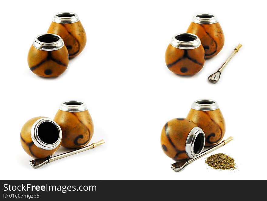 Yerba mate gourds isolated on white. Set of four pictures.