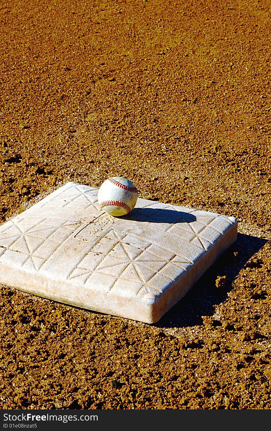 Baseball sitting on top of base in stadium. Baseball sitting on top of base in stadium.