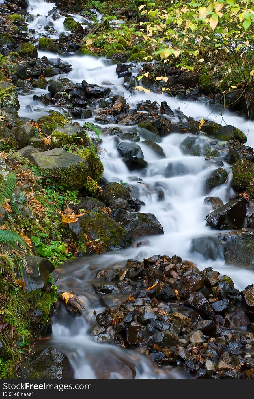 A motion blur shot of water flowing rapidly down a stream in Oregon. A motion blur shot of water flowing rapidly down a stream in Oregon.