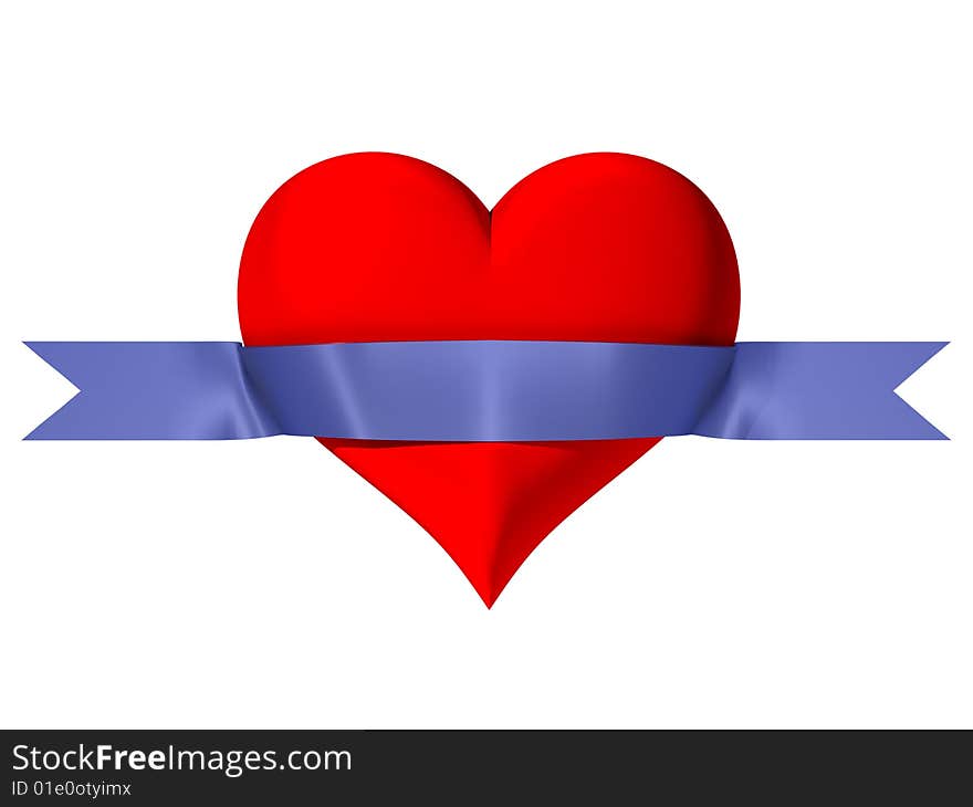 Red heart with a dark blue tape which bends around heart. Red heart with a dark blue tape which bends around heart.