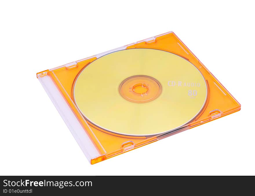 Detail view of the compact disk in the jewel case isolated on white. Detail view of the compact disk in the jewel case isolated on white