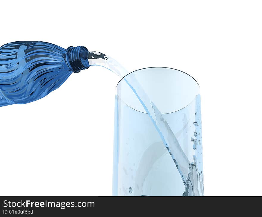 Bottle, water and glass on white background