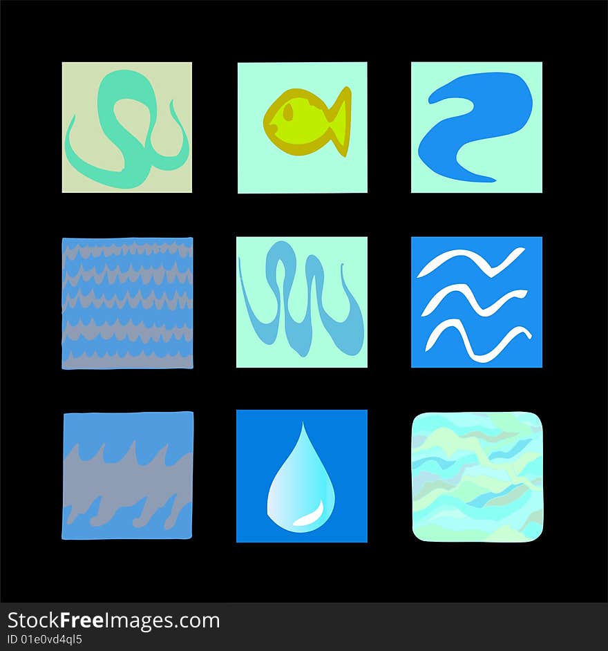 A simple set of nine water icons incuding waves, drips, lines and a fish.
