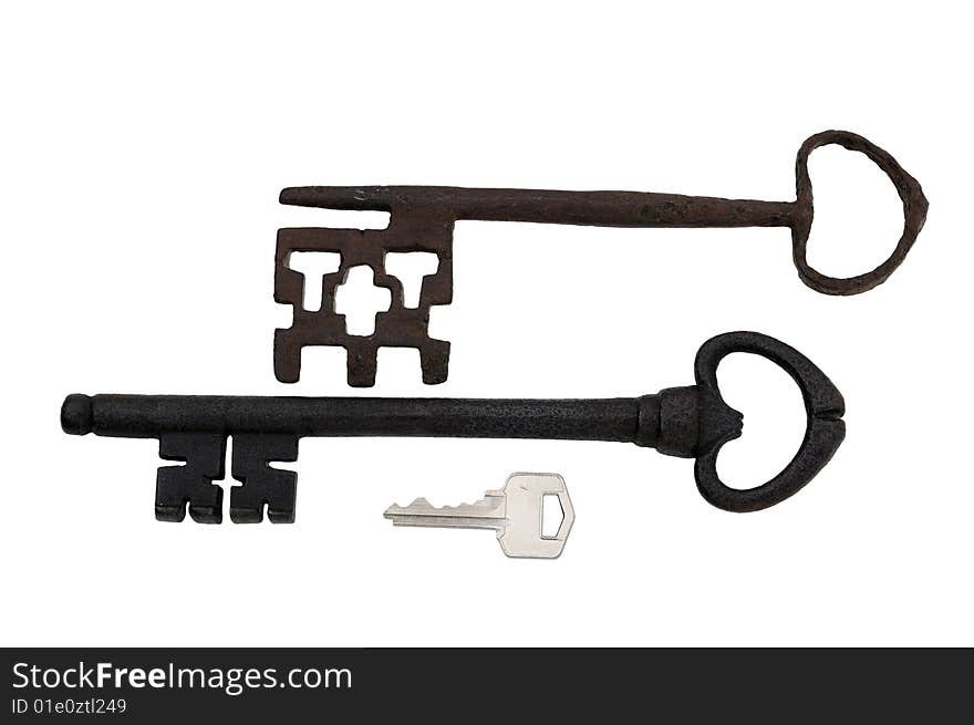 A rusted old fashion key over a white background. A rusted old fashion key over a white background