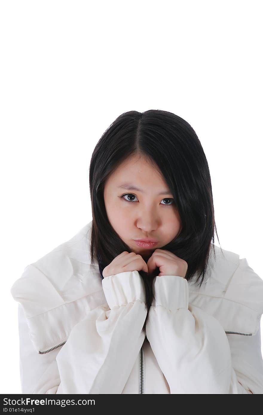 Winter portrait of one chinese girl isolated on white background