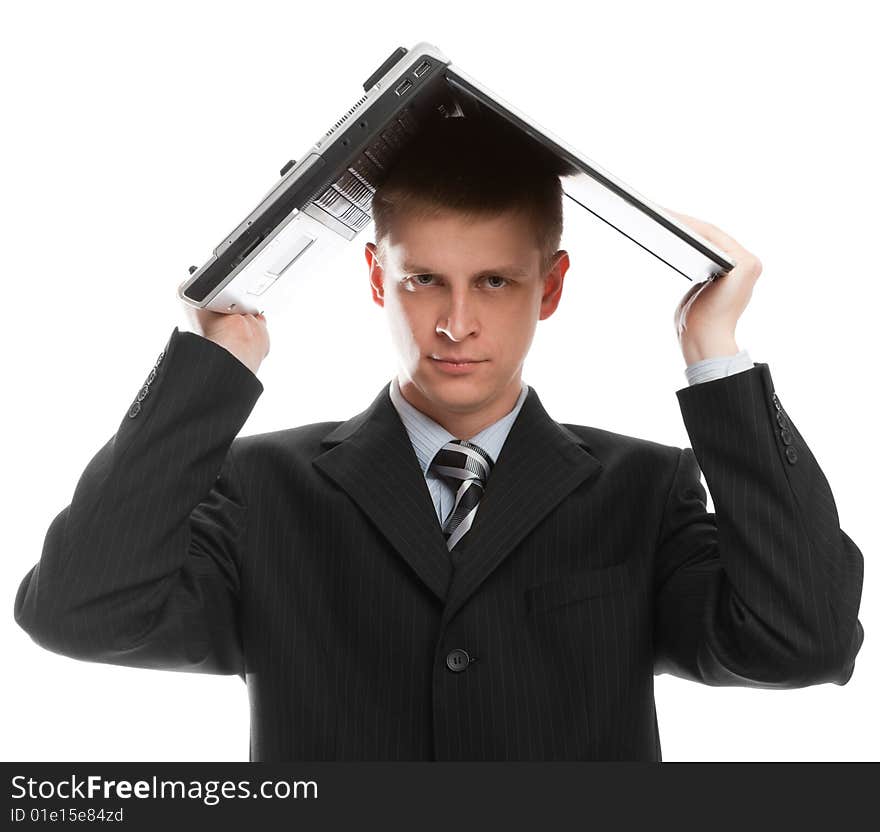 Man having laptop as a roof, isolated. Man having laptop as a roof, isolated