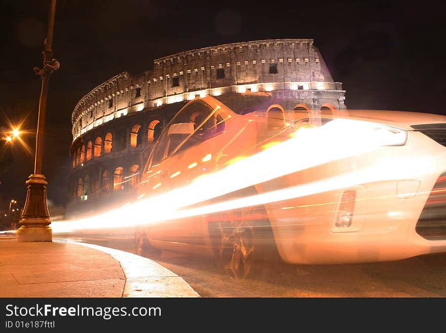 Colosseum By Night With Car