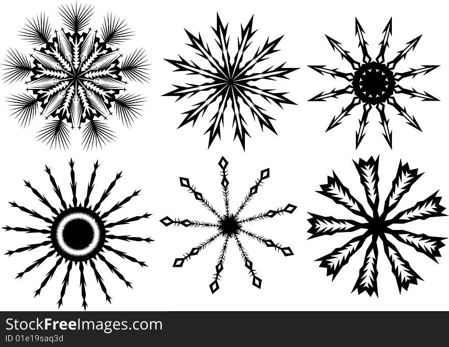 Six silhouette snowflakes