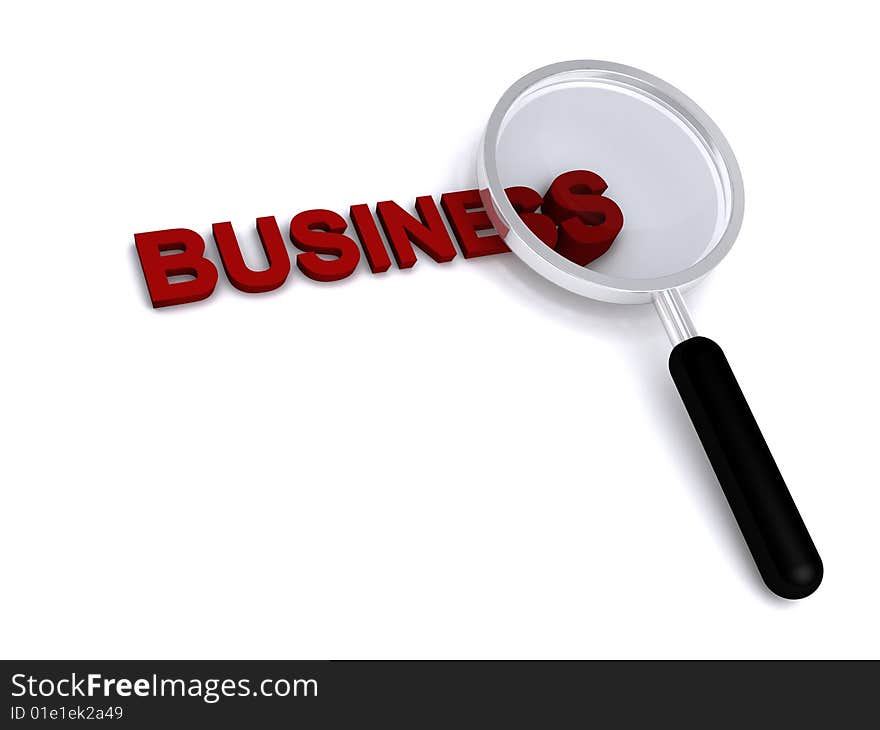 3d business text with magnifier on white background