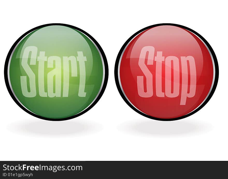 Start stop icon set in reflective white background. Start stop icon set in reflective white background