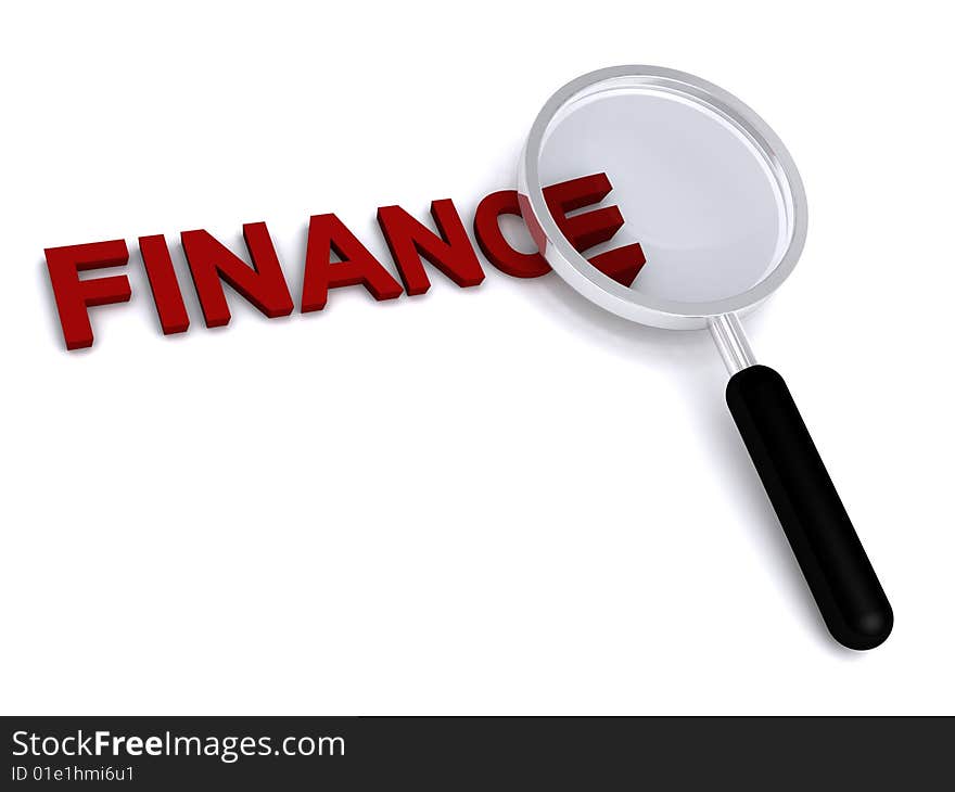 3d finance text with magnifier on white background