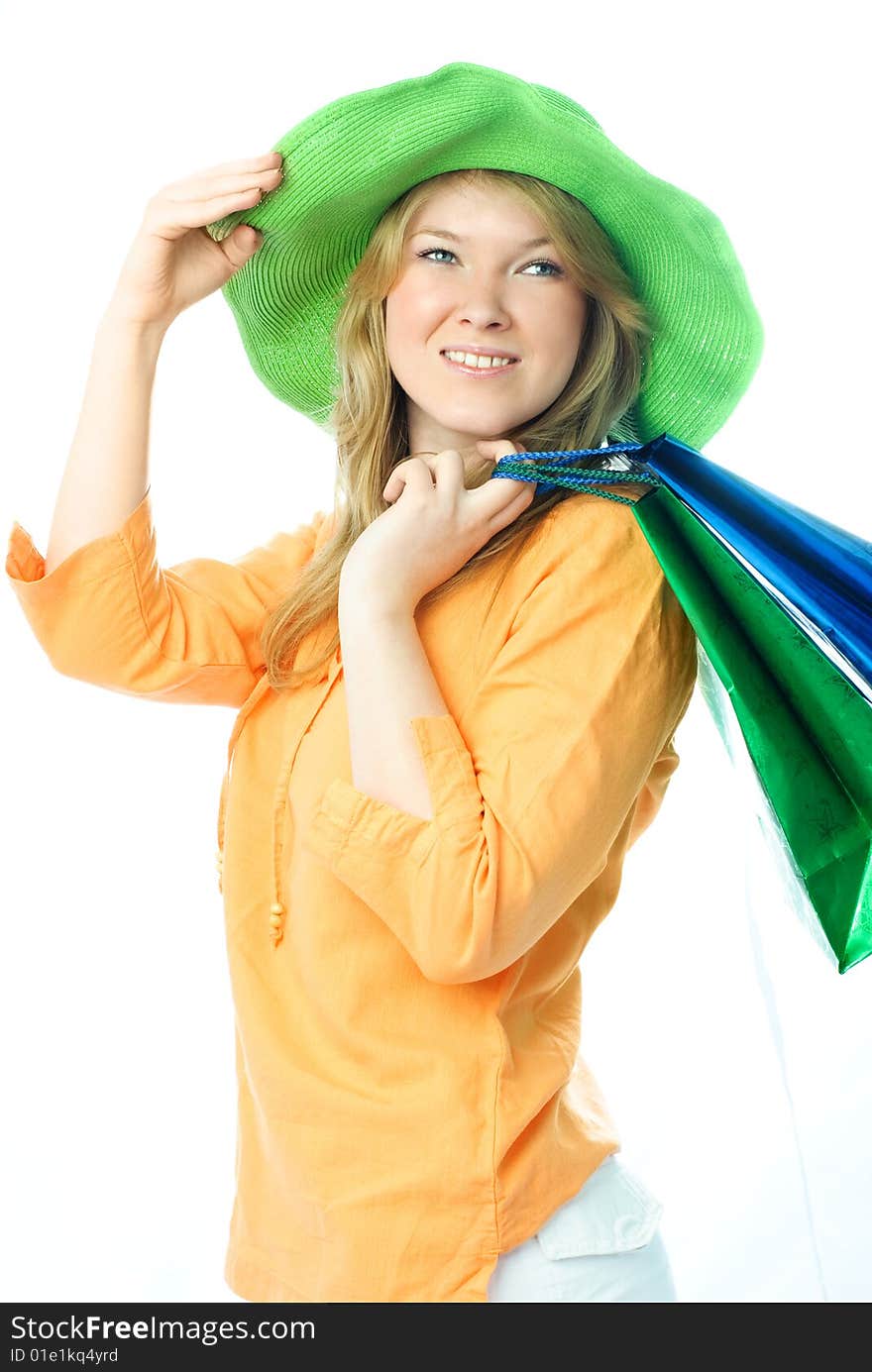 Beautiful young blond woman on vacation goes shopping. Beautiful young blond woman on vacation goes shopping