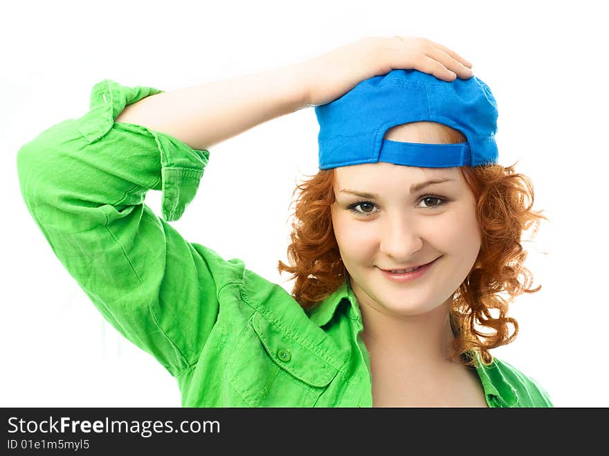 Happy beautiful girl with curly ginger hair wearing colorful clothes. Happy beautiful girl with curly ginger hair wearing colorful clothes