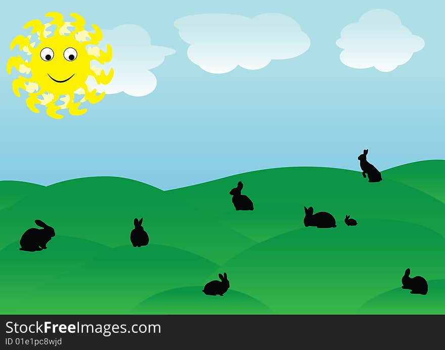 Rabbits on a landscape in a beautiful day in the sun. Rabbits on a landscape in a beautiful day in the sun