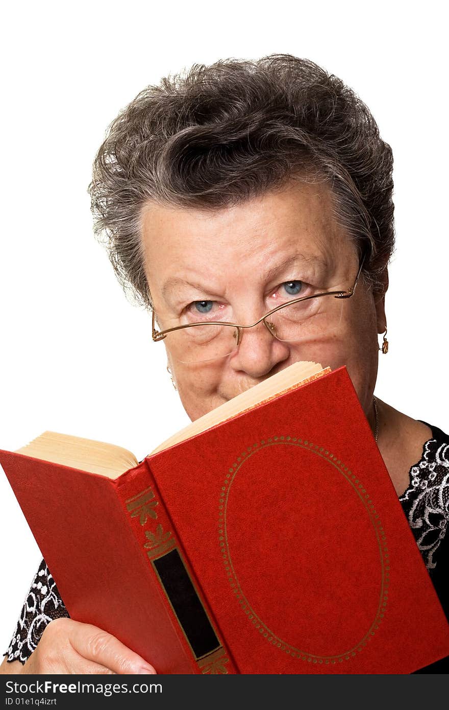 The old woman with the red book on a white background